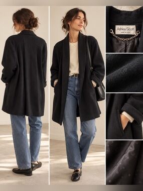 Vintage Ashley Scott Black Wool Blend Cocoon Swing Coat Made USA Oversized